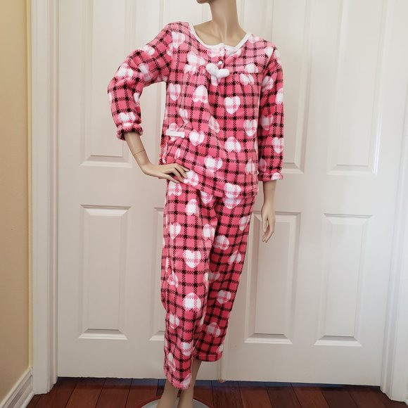 Petti Franc Fuzzy Fleece Heart Pull On Pajama Lounge 2pc Pants Set  SZ S - Picture 2 of 12